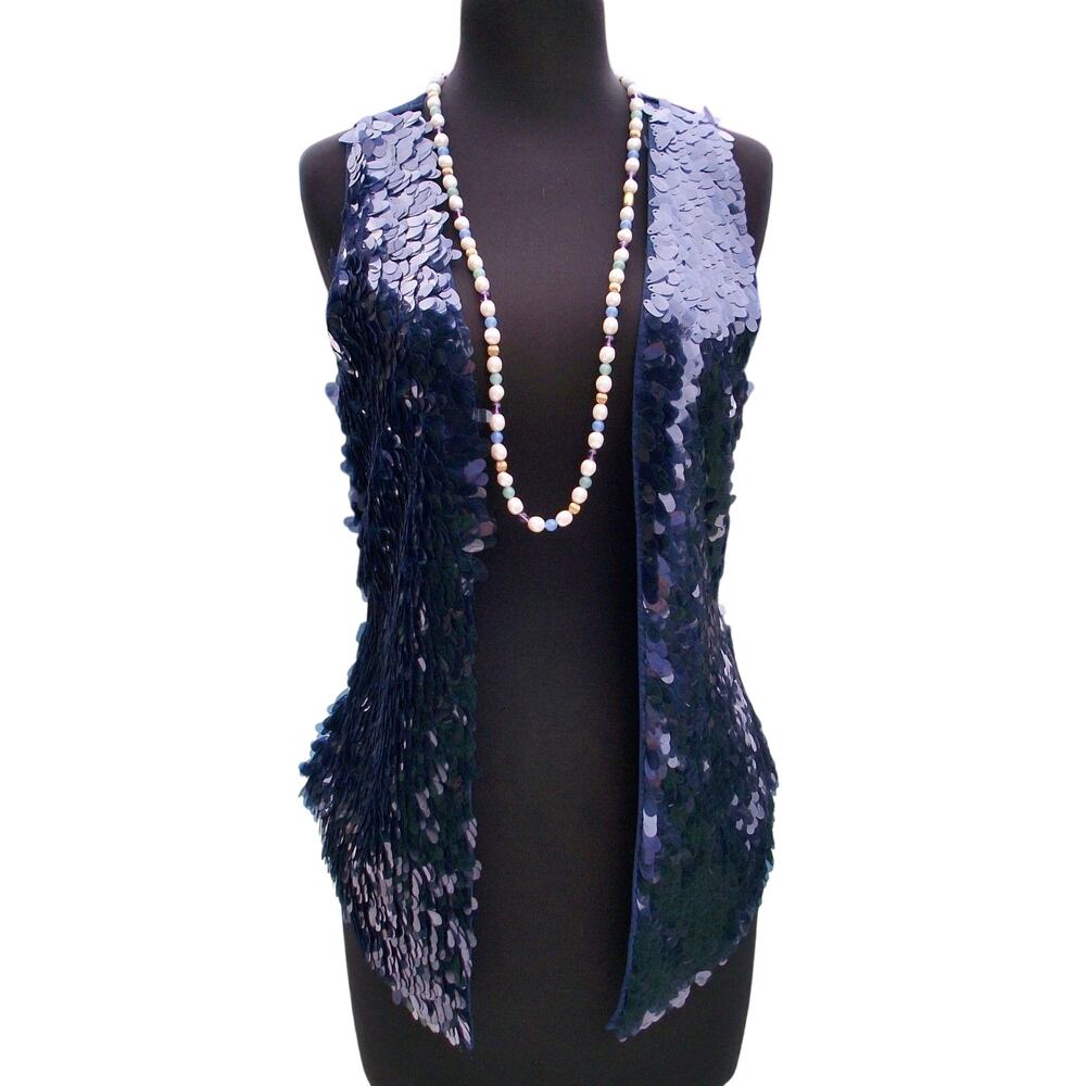 Cache Navy Shrug Vest Top Stretch Metallic LARGE Sequin Rib Knit $128 New NWT